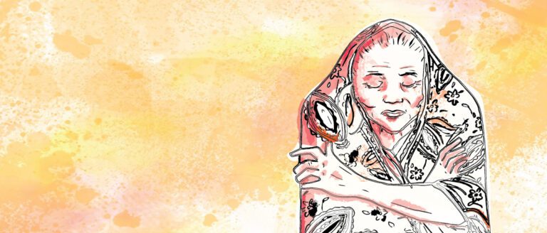 Colorful drawing of older woman sitting down.